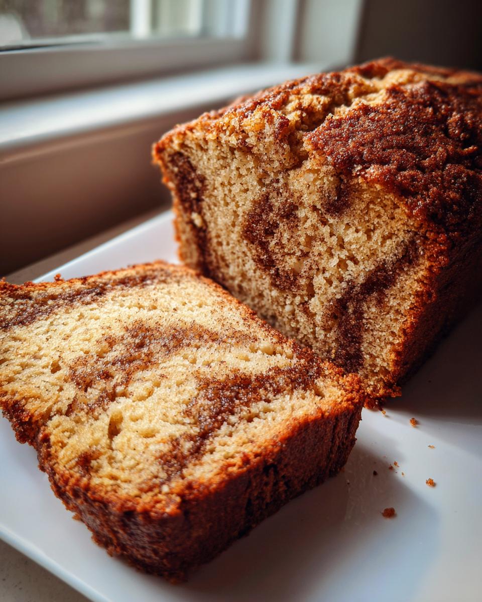 Close-up of a moist apple bread loaf with a visible cinnamon swirl, sliced on a white plate.