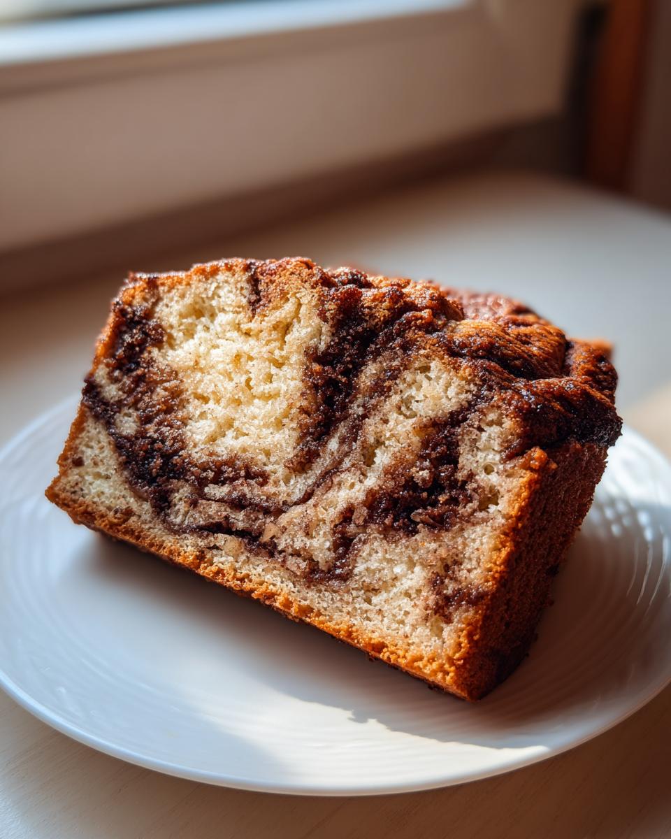 A close-up of a moist slice of apple bread featuring a beautiful cinnamon swirl pattern, served on a white plate.