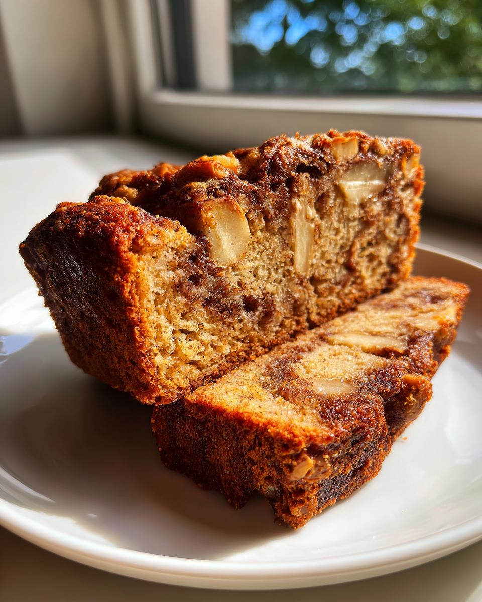 Two thick slices of moist apple bread showing visible chunks of apple and a rich brown crust.