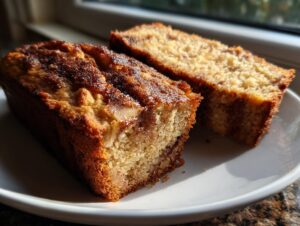 Two thick slices of golden brown apple bread resting on a white plate, showing moist crumb texture.
