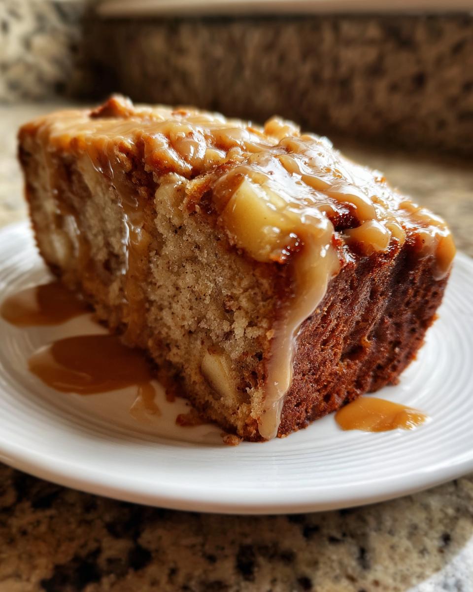 A close-up of a moist slice of apple dapple cake topped generously with warm caramel sauce.