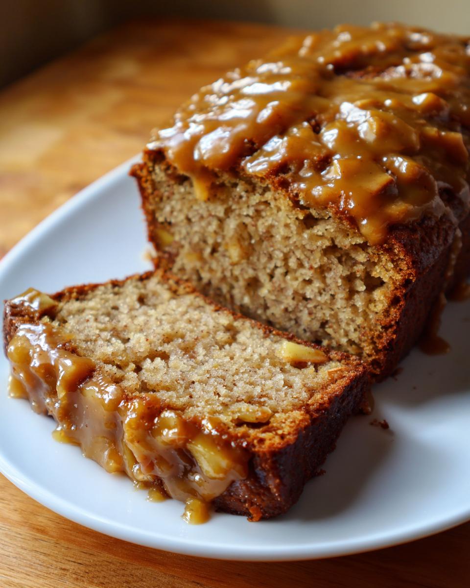 A moist slice of apple dapple cake topped with a thick, gooey caramel sauce, served on a white plate.