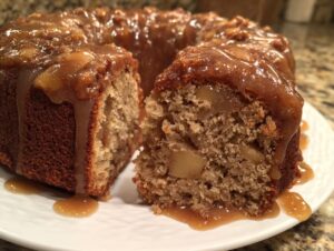 Close-up of a slice cut from a moist apple dapple cake, generously topped with a thick caramel sauce.