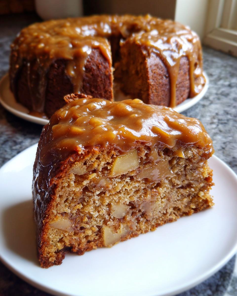 A close-up slice of moist apple dapple cake topped with thick caramel sauce, with the rest of the bundt cake blurred in the background.