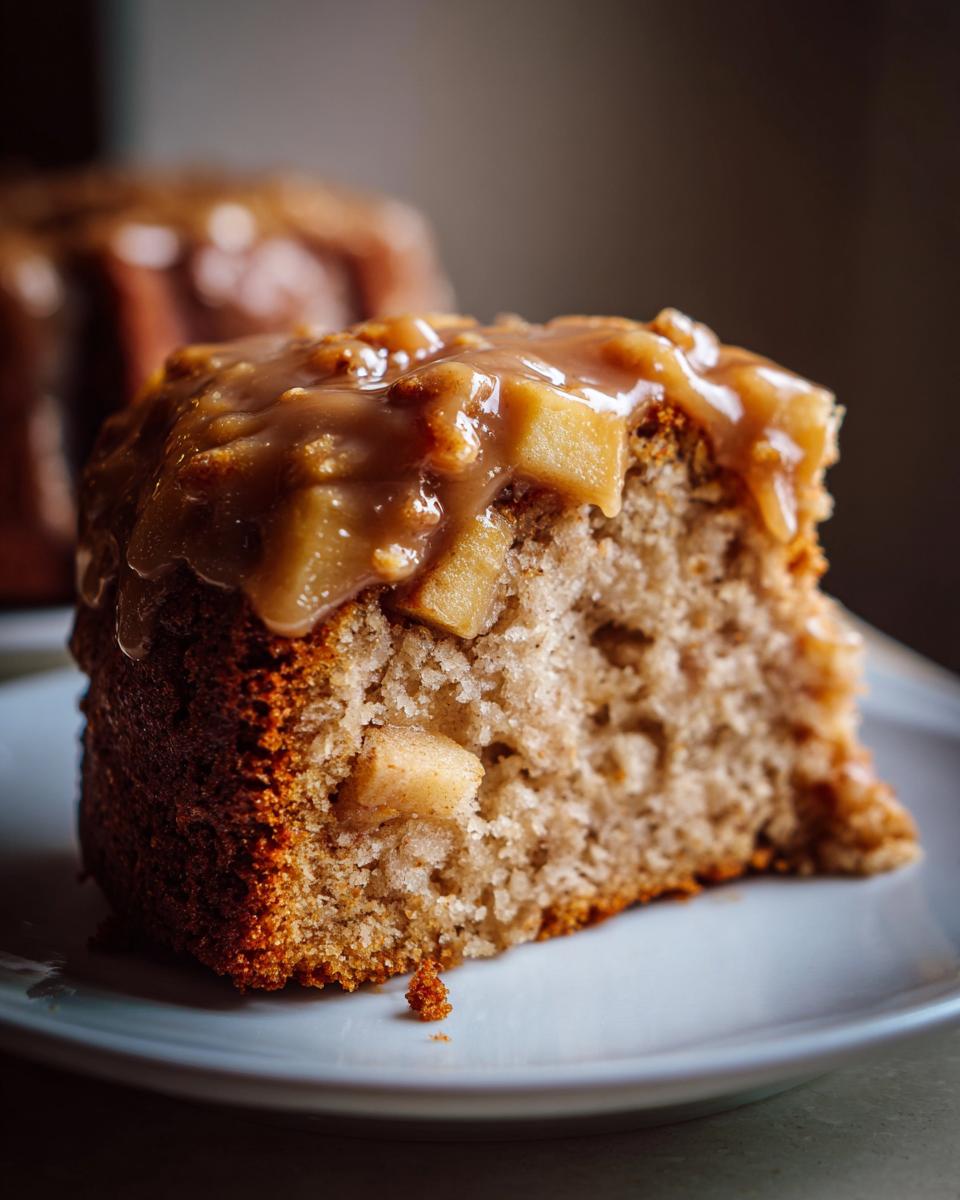 Close-up of a moist slice of apple dapple cake topped with chunky caramel sauce and baked apple pieces.