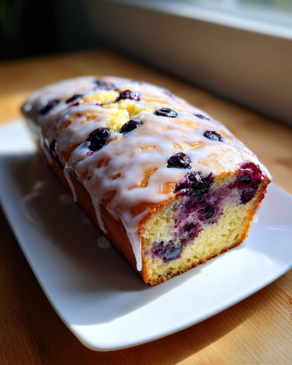 A golden loaf of moist blueberry bread topped with a thick vanilla glaze and fresh blueberries.
