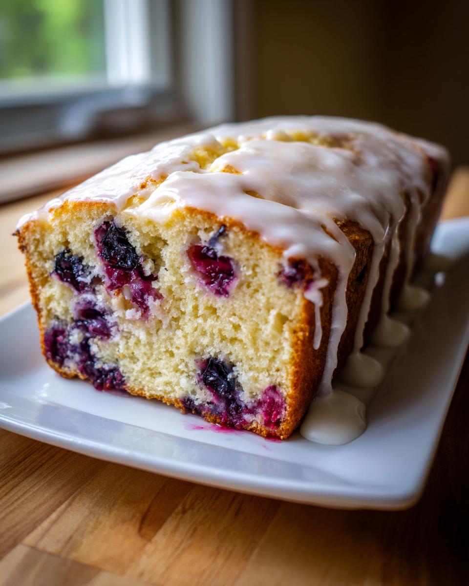 A freshly baked loaf of moist blueberry bread topped with a thick white glaze, sitting on a white platter.