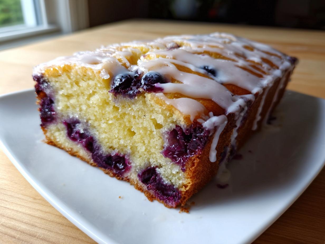 A moist loaf of homemade blueberry bread, sliced and drizzled with white glaze, sitting on a white plate.