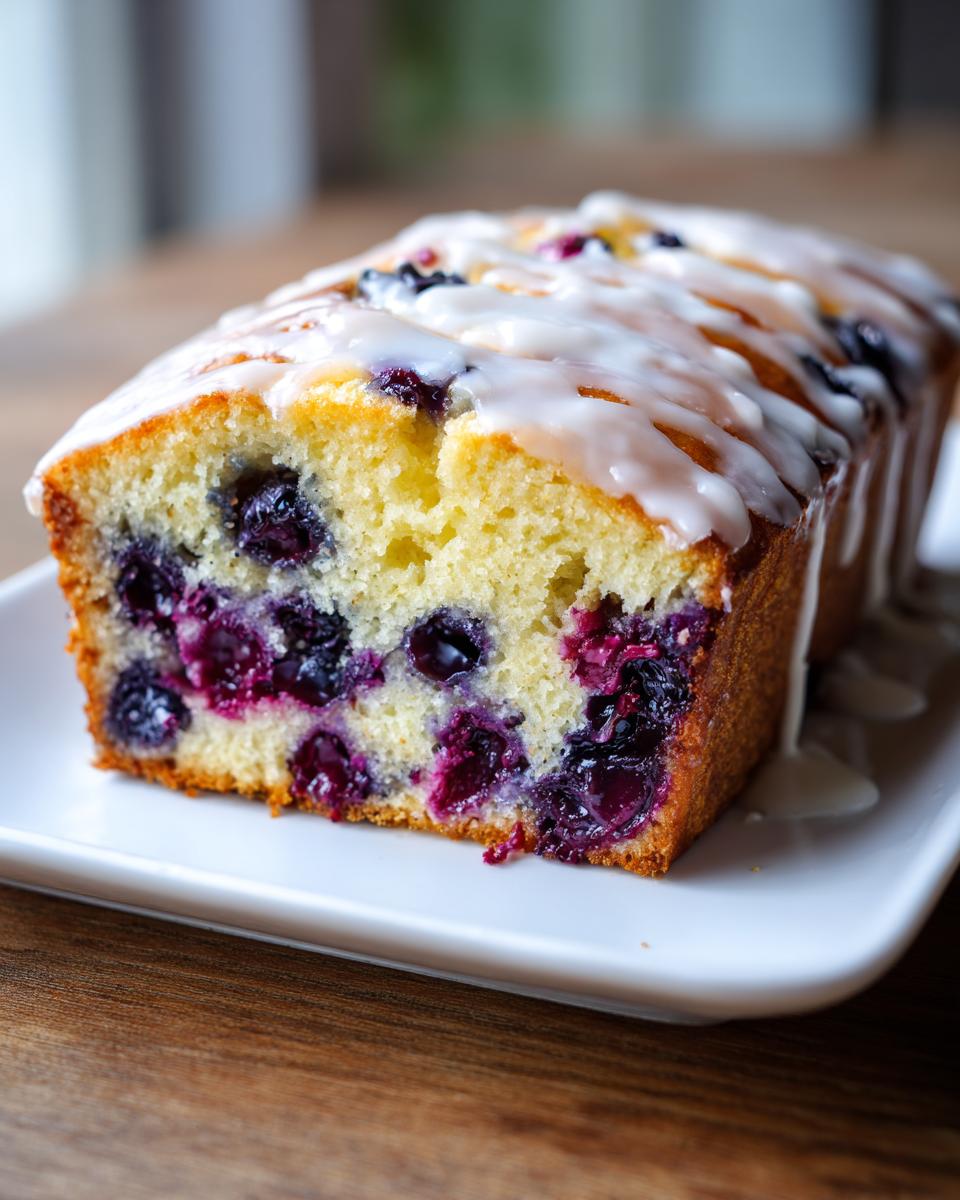 A close-up of a slice of moist blueberry bread, packed with berries and topped with a sweet vanilla glaze.