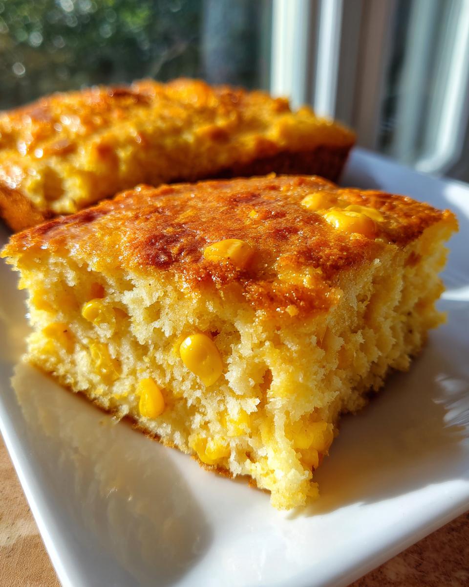 Close-up of a moist slice of cornbread casserole studded with whole corn kernels, served on a white plate.
