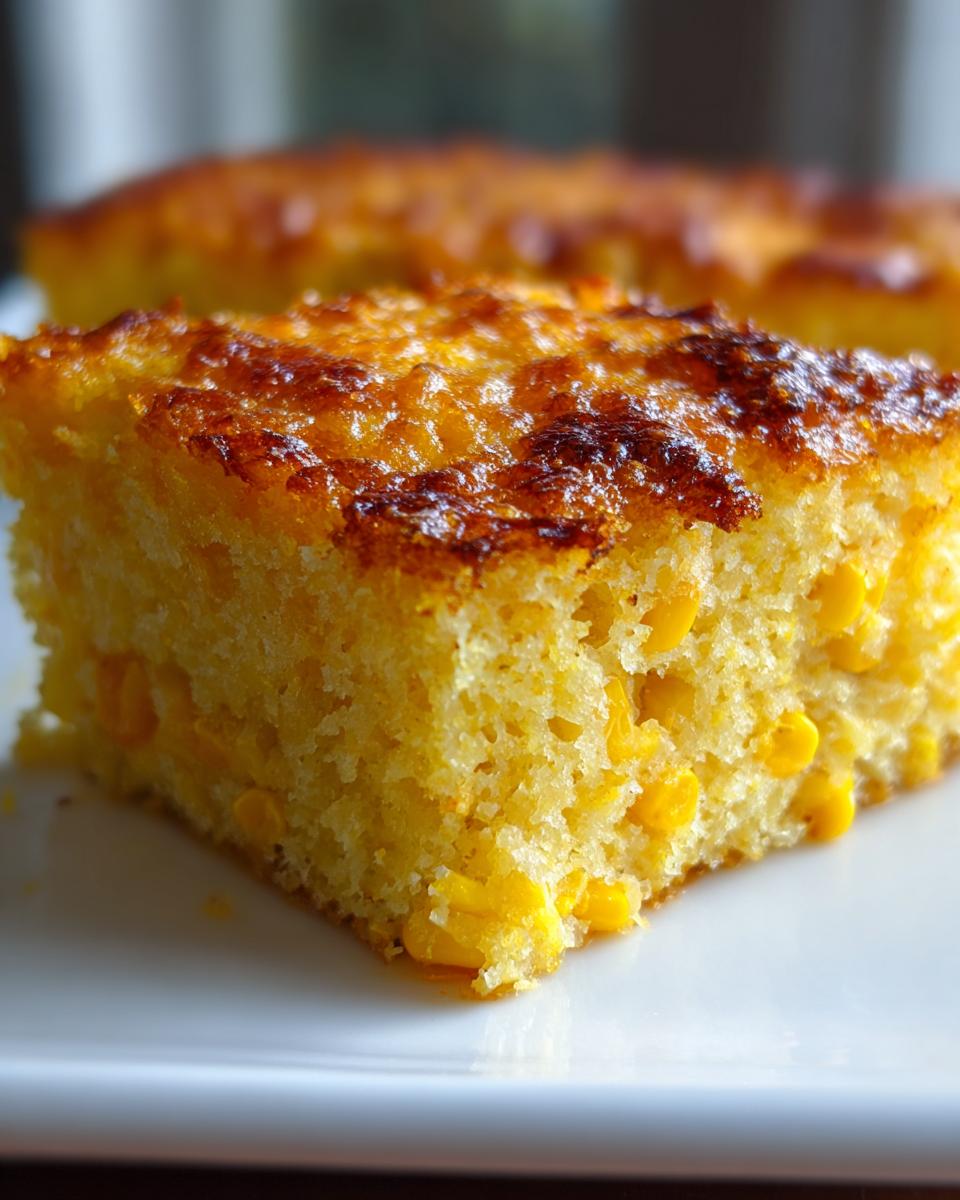 A close-up view of a square slice of moist cornbread casserole featuring visible whole corn kernels and a golden-brown, slightly caramelized top.