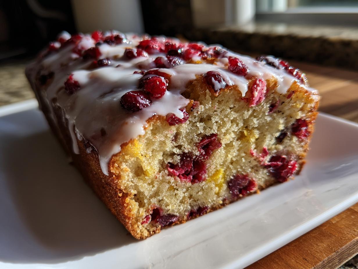 Close-up of a slice of ultra moist cranberry orange bread topped with white glaze and whole cranberries.