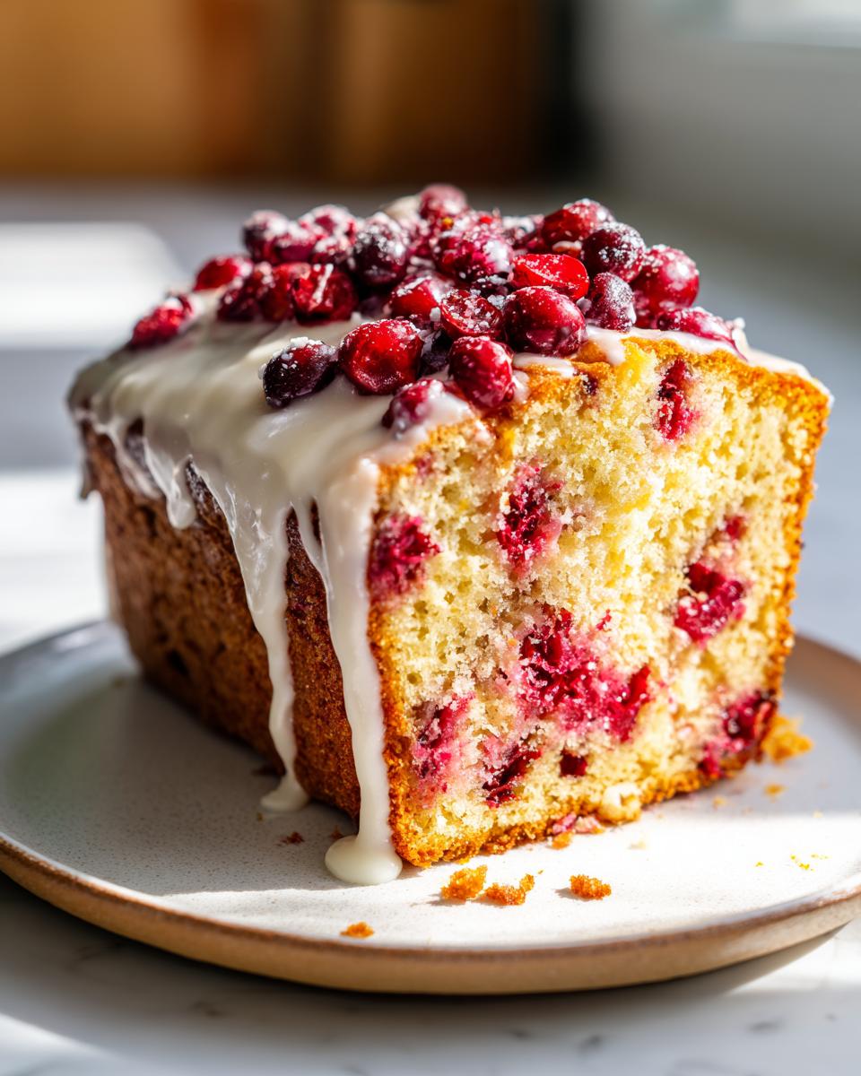 A thick slice of ultra moist cranberry orange bread topped with white glaze and fresh cranberries.