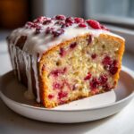 A moist slice of cranberry orange bread topped with a thick white glaze and whole cranberries.