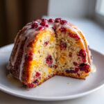 Cross-section of a moist cranberry orange cake, drizzled with white glaze and topped with whole cranberries.