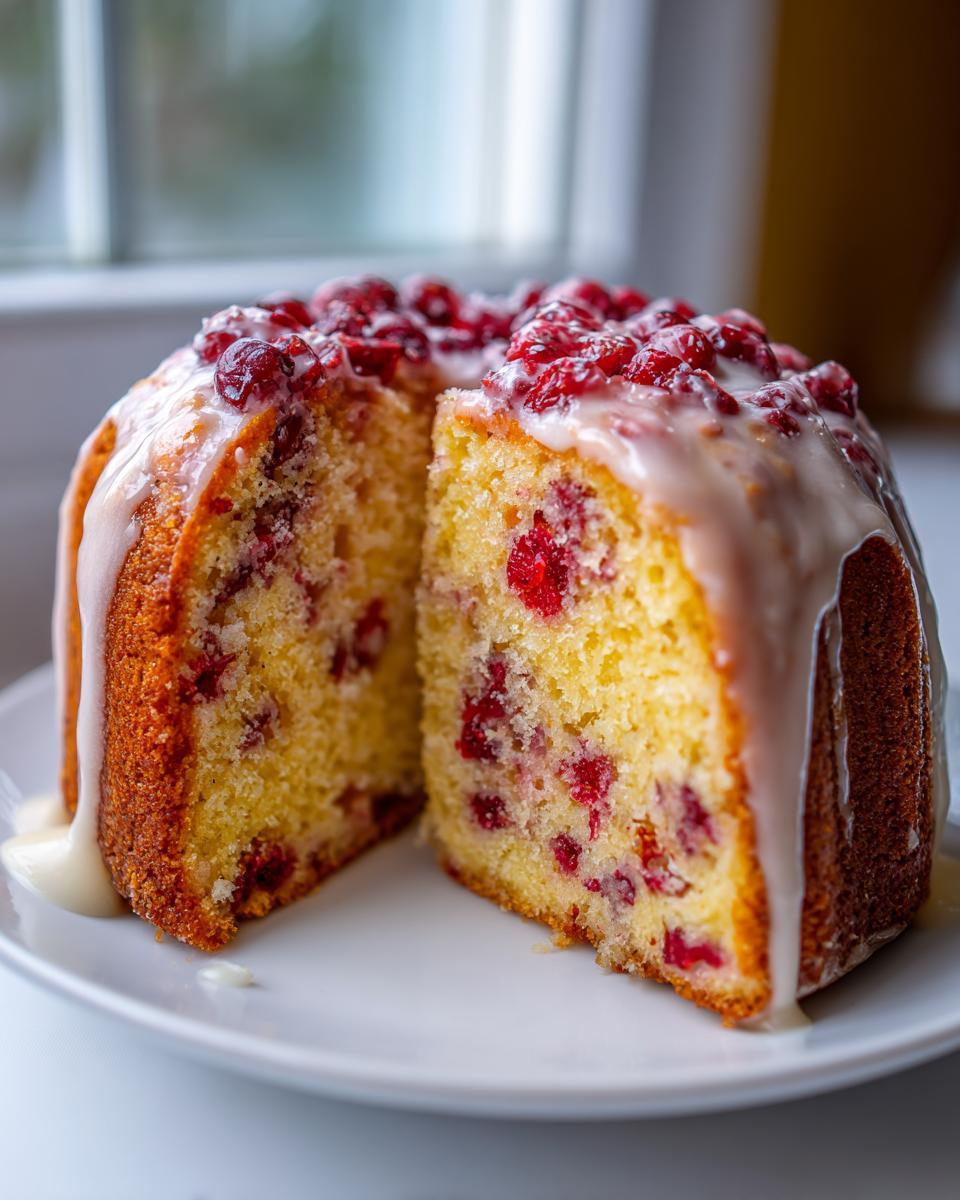 A slice cut from a moist cranberry orange cake, topped with glaze and whole cranberries.