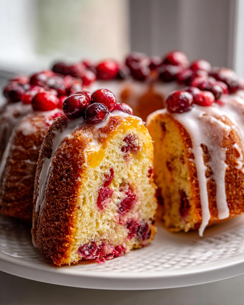Close-up of a moist slice cut from a cranberry orange cake, drizzled with white glaze and topped with fresh cranberries.