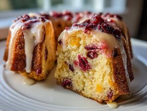 Close-up of a moist slice of cranberry orange cake showing cranberries and orange zest, drizzled with white glaze.