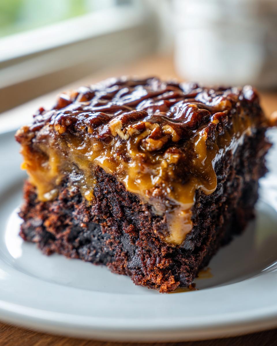 Close-up of a moist slice of german chocolate poke cake topped with gooey caramel and pecans.