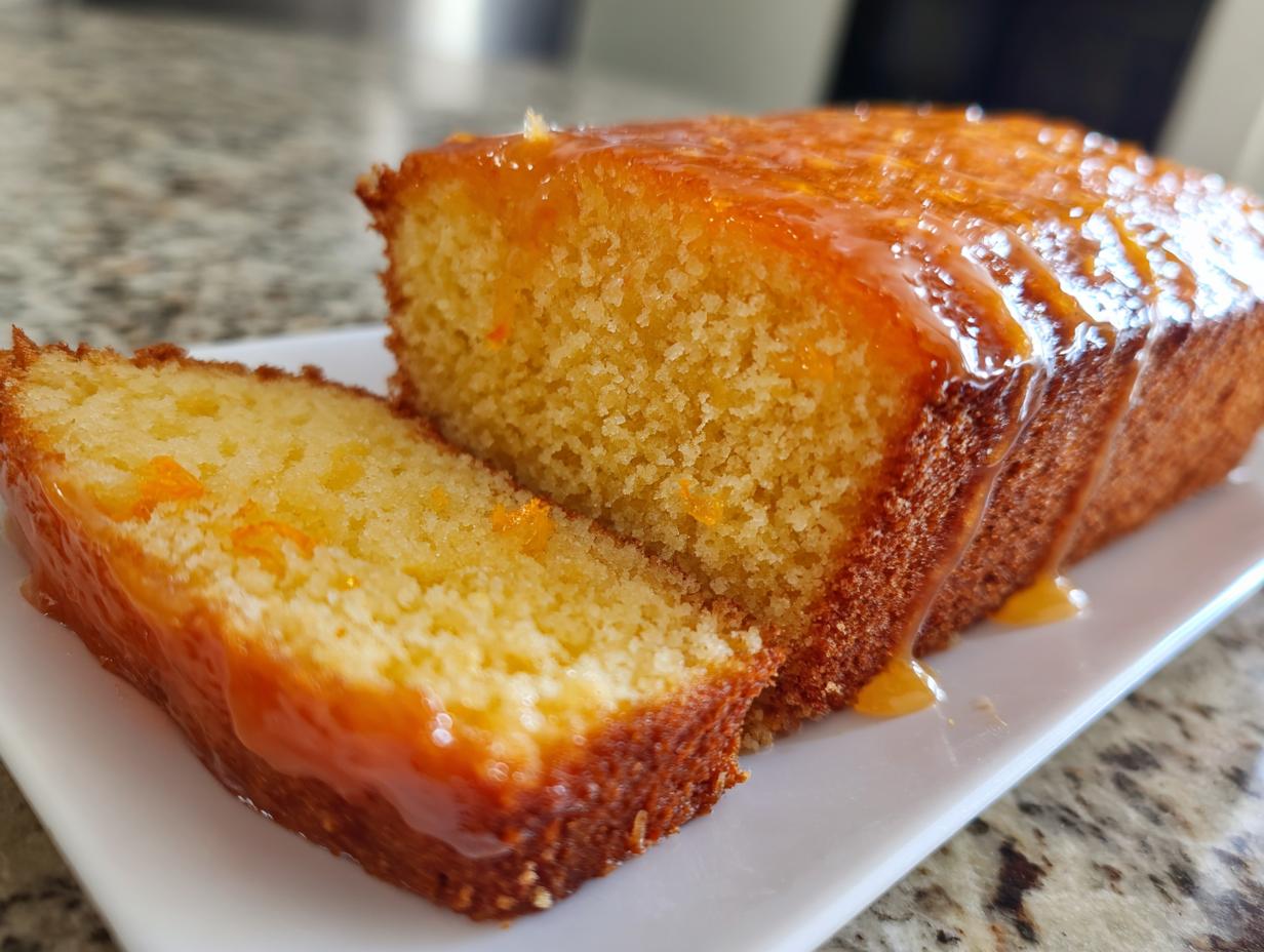 A close-up of a moist orange juice cake loaf, partially sliced, showing the crumb texture and a thick orange glaze dripping down the side.