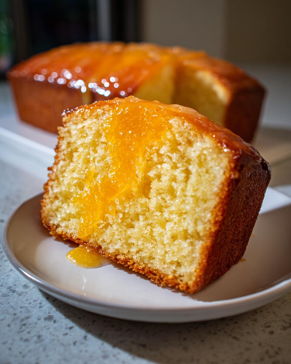 Close-up of a moist slice of orange juice cake topped with a shiny orange glaze, with the rest of the cake in the background.