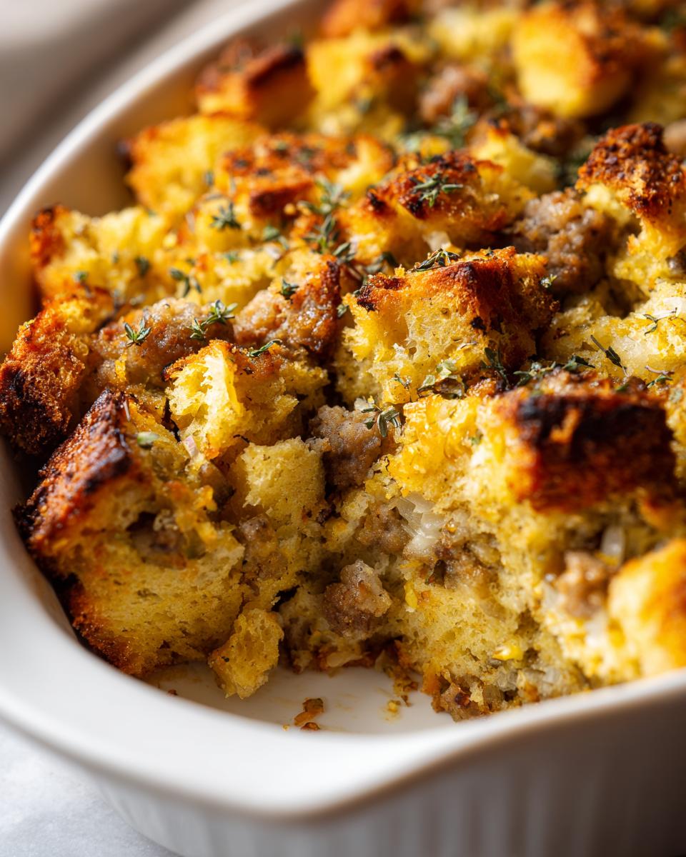 Close-up of golden brown sausage stuffing with visible bread cubes and herbs in a white casserole dish.