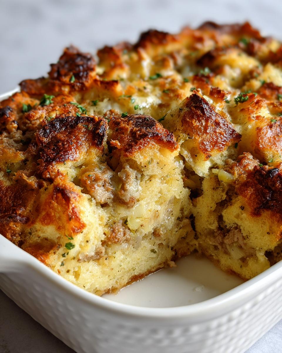 Close-up of a rich, moist sausage stuffing with a golden-brown, crispy top, served in a white baking dish.