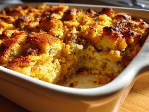 Close-up of freshly baked, golden-brown sausage stuffing in a white ceramic baking dish.
