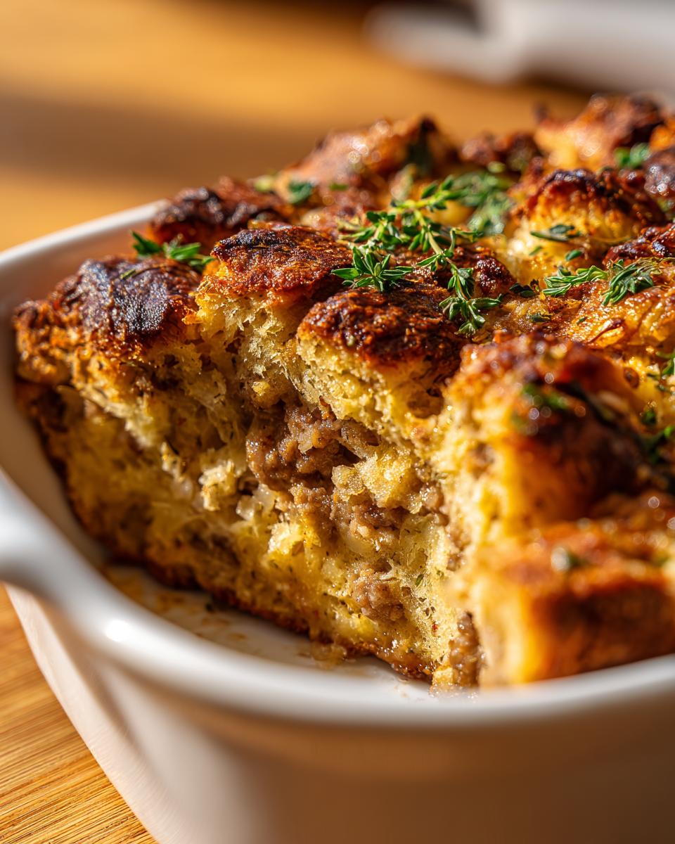 Close-up of a portion of moist sausage stuffing with a golden-brown, crispy top, garnished with fresh thyme.