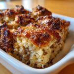 Close-up of several moist pieces of sausage stuffing with a deeply browned, crispy top crust.