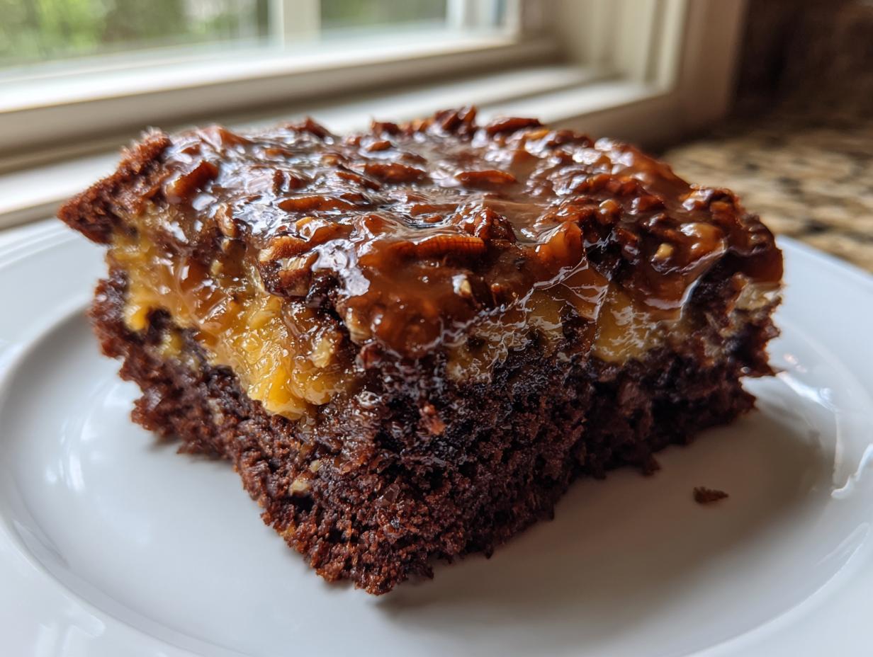 Close-up of a square slice of moist german chocolate poke cake showing the dark chocolate base and gooey coconut-pecan topping.