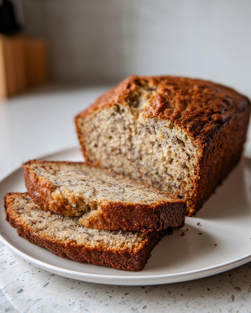A freshly baked loaf of sourdough banana bread, partially sliced, resting on a white plate.
