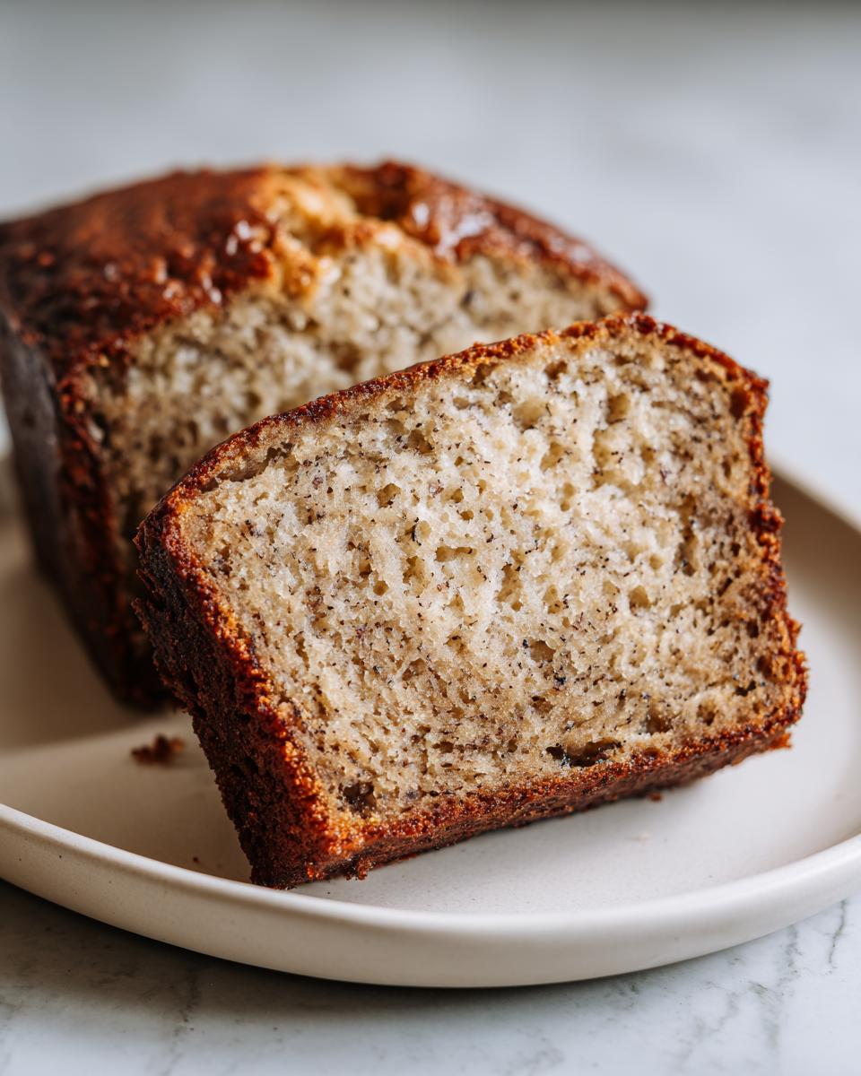 Close-up of a moist slice of sourdough banana bread showing the speckled crumb texture and dark crust.