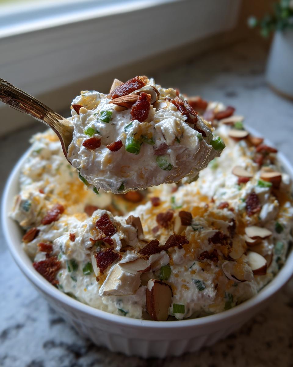 A spoonful of creamy Neiman Marcus dip topped with bacon bits and sliced almonds being lifted from a white bowl.