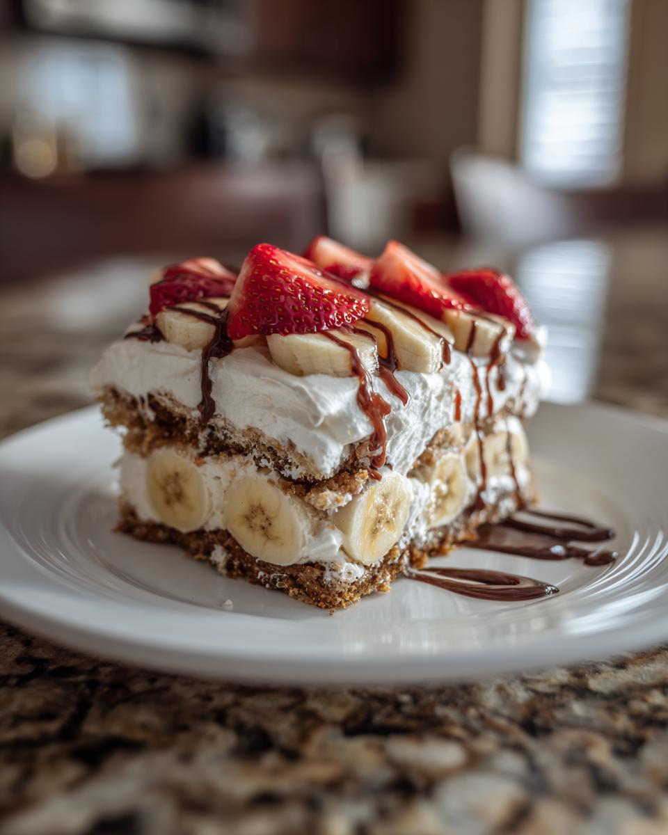 A decadent slice of no-bake banana split cake layered with cream, bananas, and topped with strawberries and chocolate syrup.