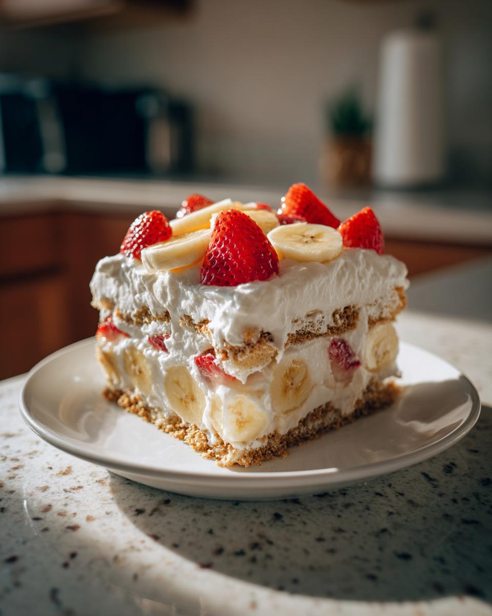 A square slice of no-bake banana split cake layered with graham crackers, cream, bananas, and strawberries on top.