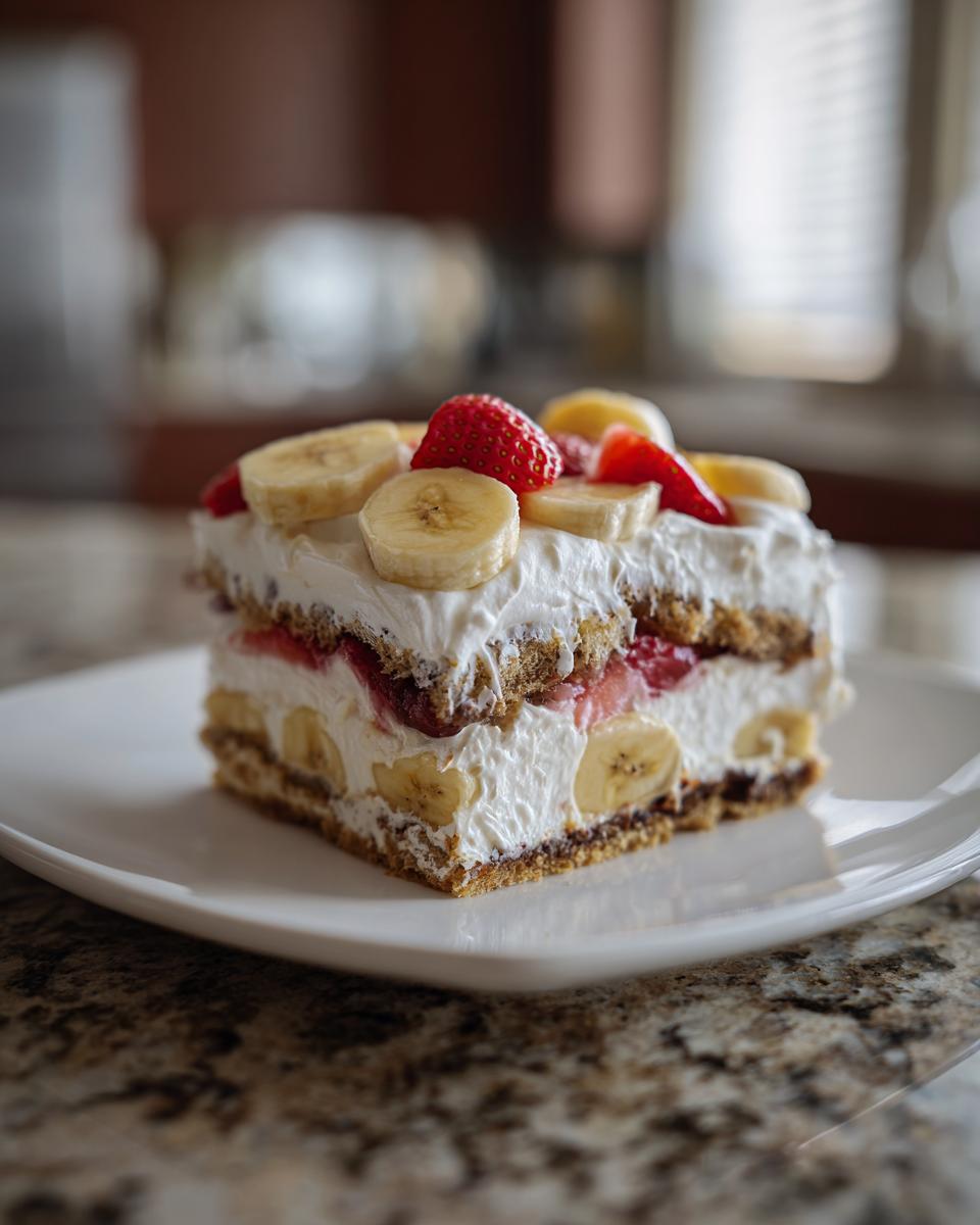 A square slice of no-bake banana split cake featuring layers of graham cracker crust, cream, bananas, and strawberries.