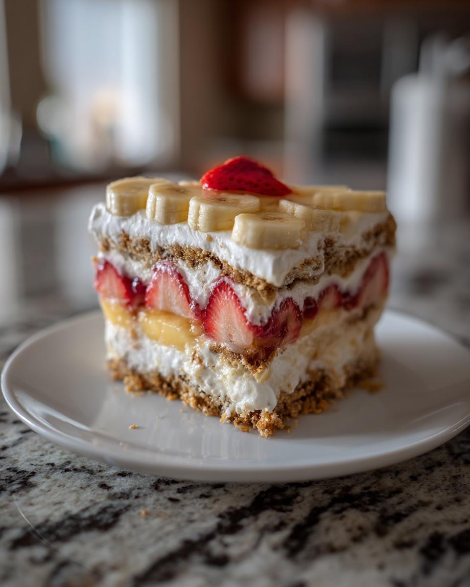 A layered slice of no-bake banana split cake featuring graham cracker crust, cream, strawberries, and banana slices on top.