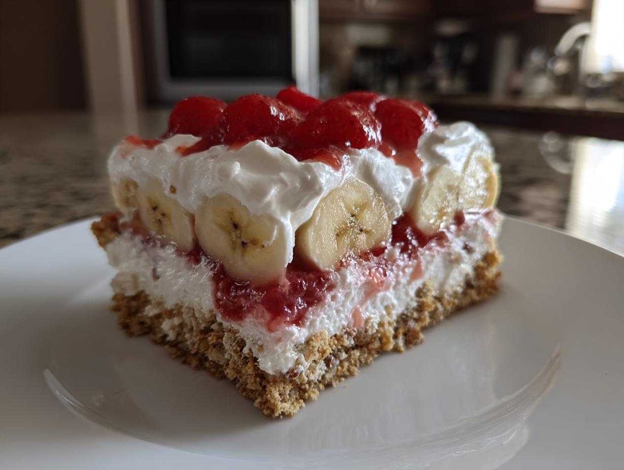 Close-up of a layered slice of no-bake banana split cake featuring a graham cracker crust, cream filling, banana slices, and strawberry topping.