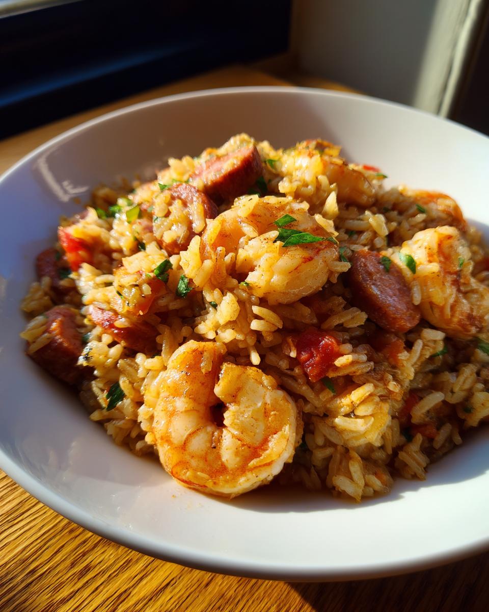 A close-up, sunlit bowl filled with flavorful shrimp and sausage jambalaya, garnished with fresh parsley.