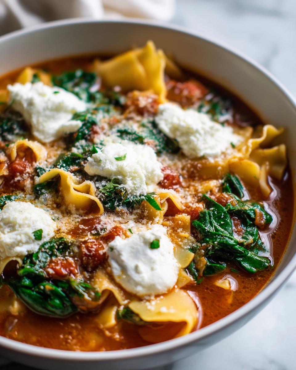 A close-up view of a bowl of rich one pot lasagna soup topped with dollops of ricotta cheese, spinach, and grated parmesan.