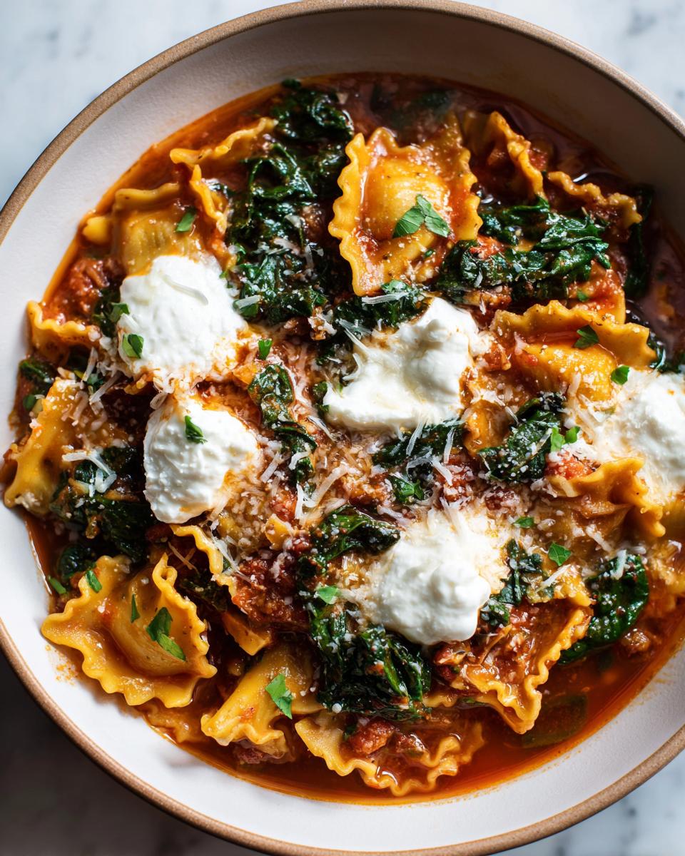 A close-up overhead shot of a bowl of rich one pot lasagna soup featuring ruffled pasta, spinach, and dollops of ricotta cheese.