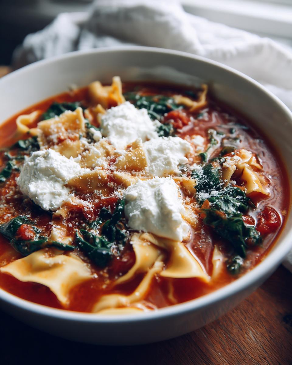 Close-up of a white bowl filled with rich tomato one pot lasagna soup, featuring lasagna noodles, spinach, and dollops of ricotta cheese.