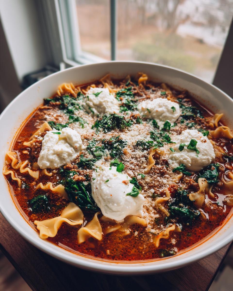 Close-up of a steaming bowl of one pot lasagna soup topped with dollops of ricotta, Parmesan, and fresh parsley.