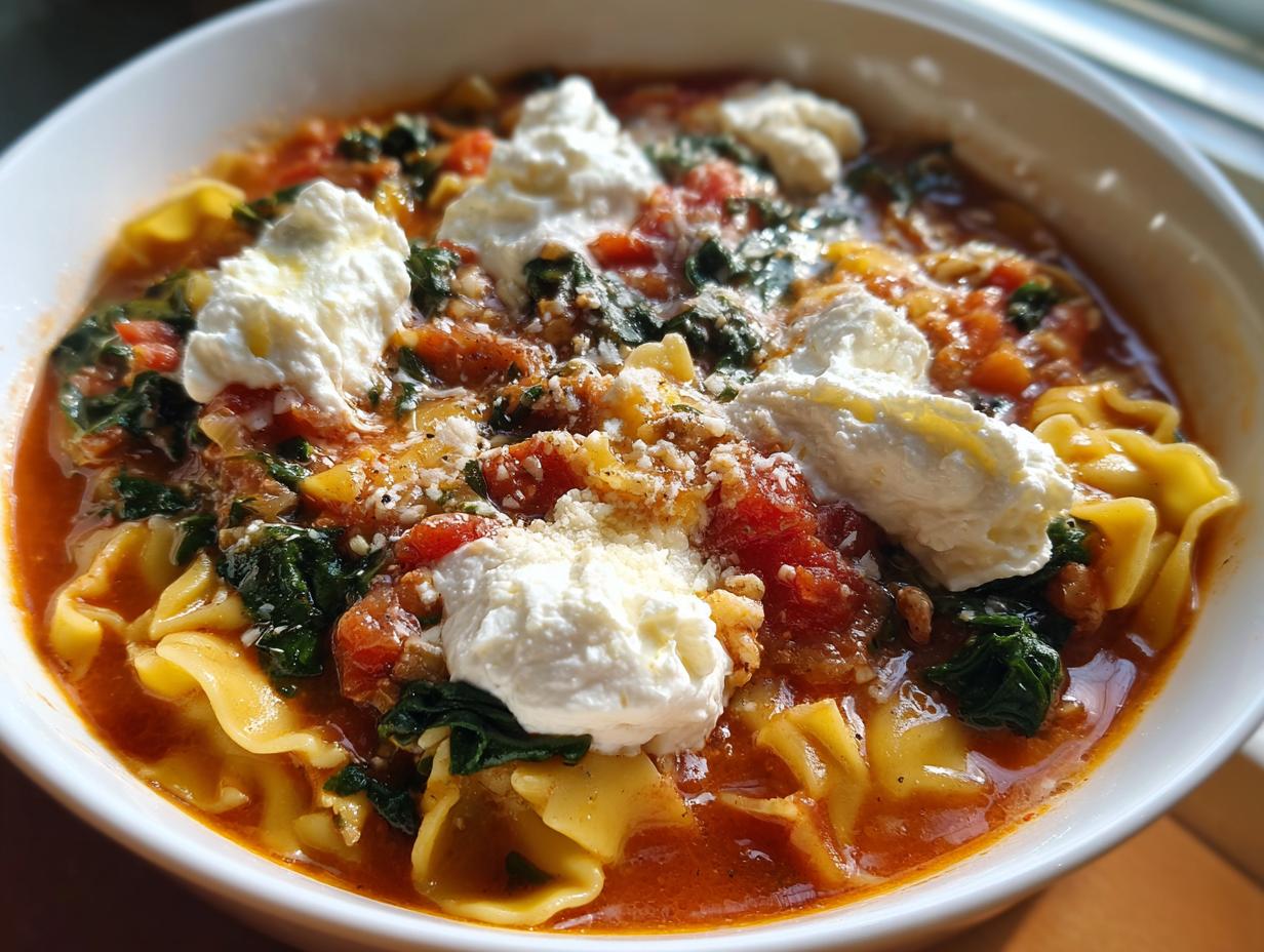 A close-up of a bowl of rich, tomato-based one pot lasagna soup topped with dollops of ricotta cheese and Parmesan.