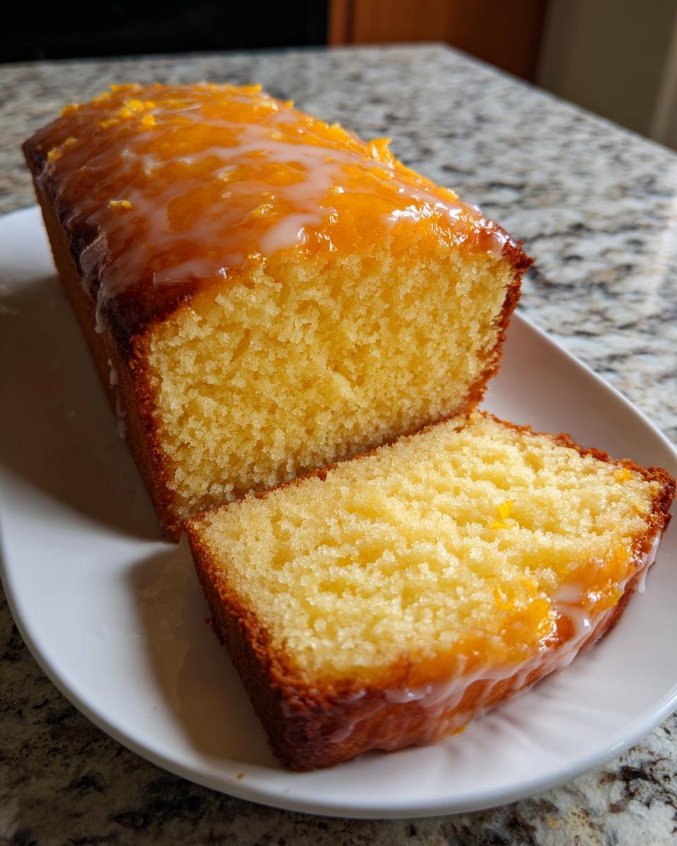 A close-up of a moist orange juice cake loaf, sliced to show the crumb, topped with an orange glaze and zest.