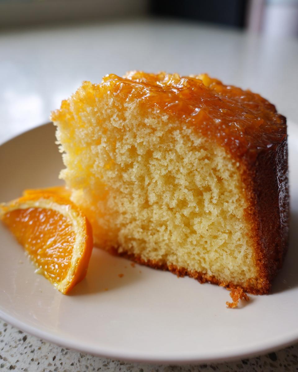A close-up of a moist slice of orange juice cake topped with a shiny orange glaze, served with an orange wedge.
