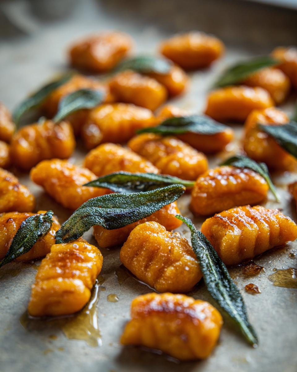 Close-up of golden brown sweet potato gnocchi pan-seared with crispy sage leaves.