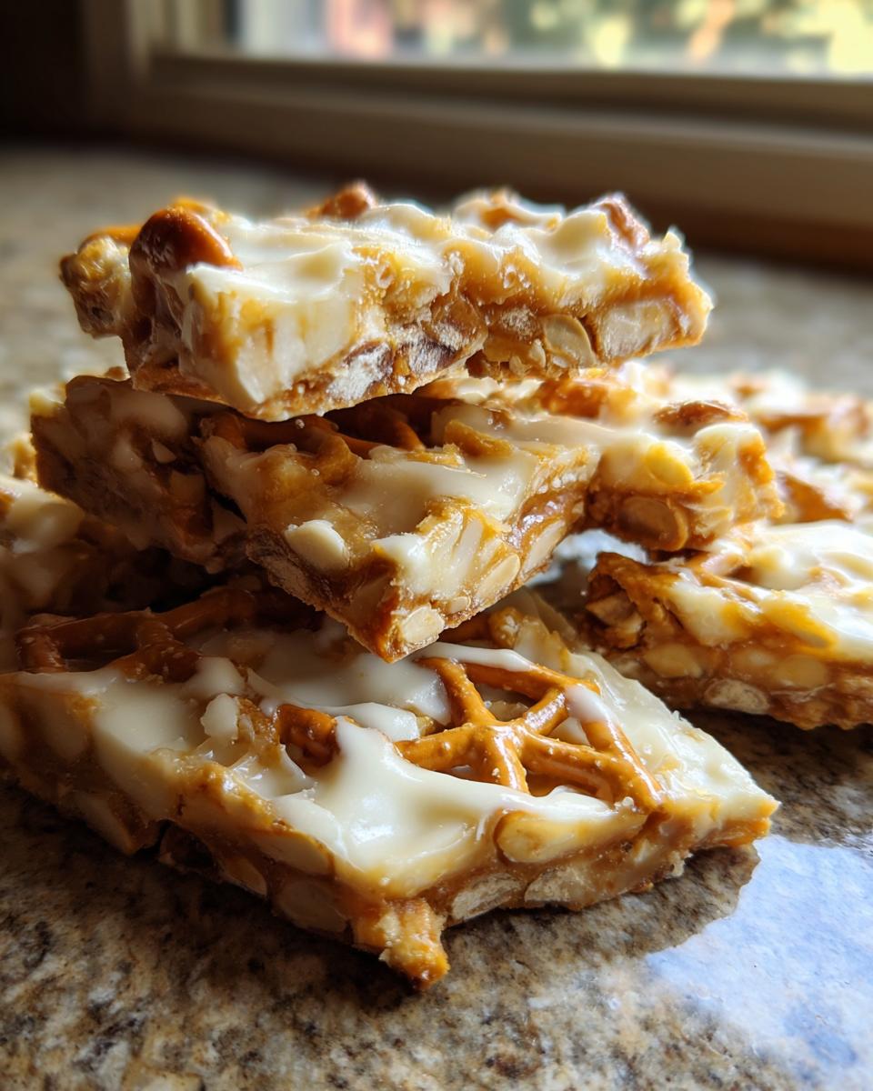 Stack of broken pieces of peanut butter pretzel bark topped with melted white chocolate.