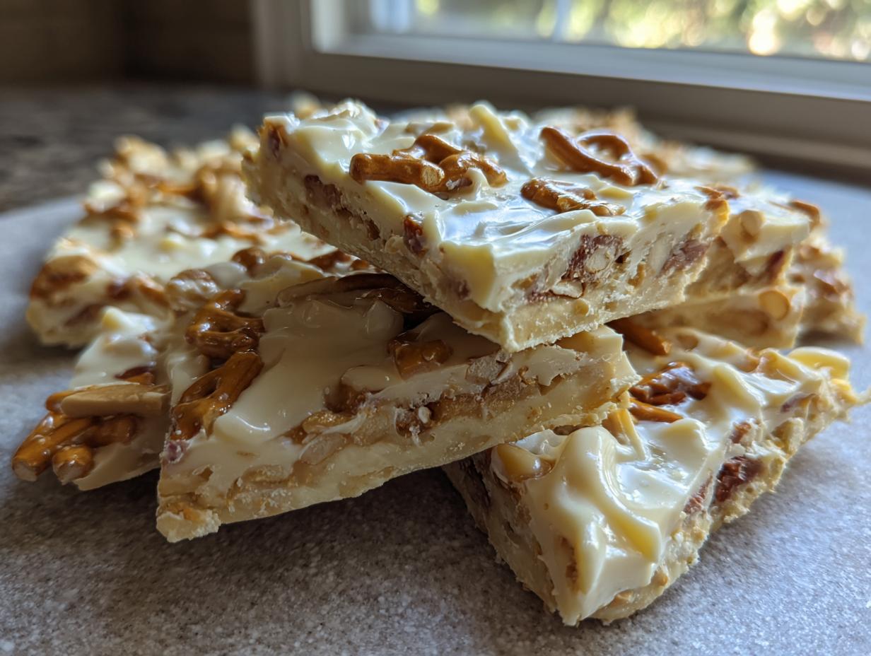 Stacked pieces of white chocolate peanut butter pretzel bark topped with melted white chocolate and broken pretzel pieces.
